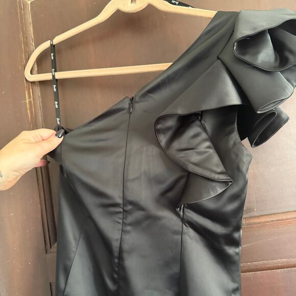 BARDOT | Black Satin One Shoulder Ruffle Sleeve Mini Cocktail Dress LBD | Size 6 - Picture 7 of 10